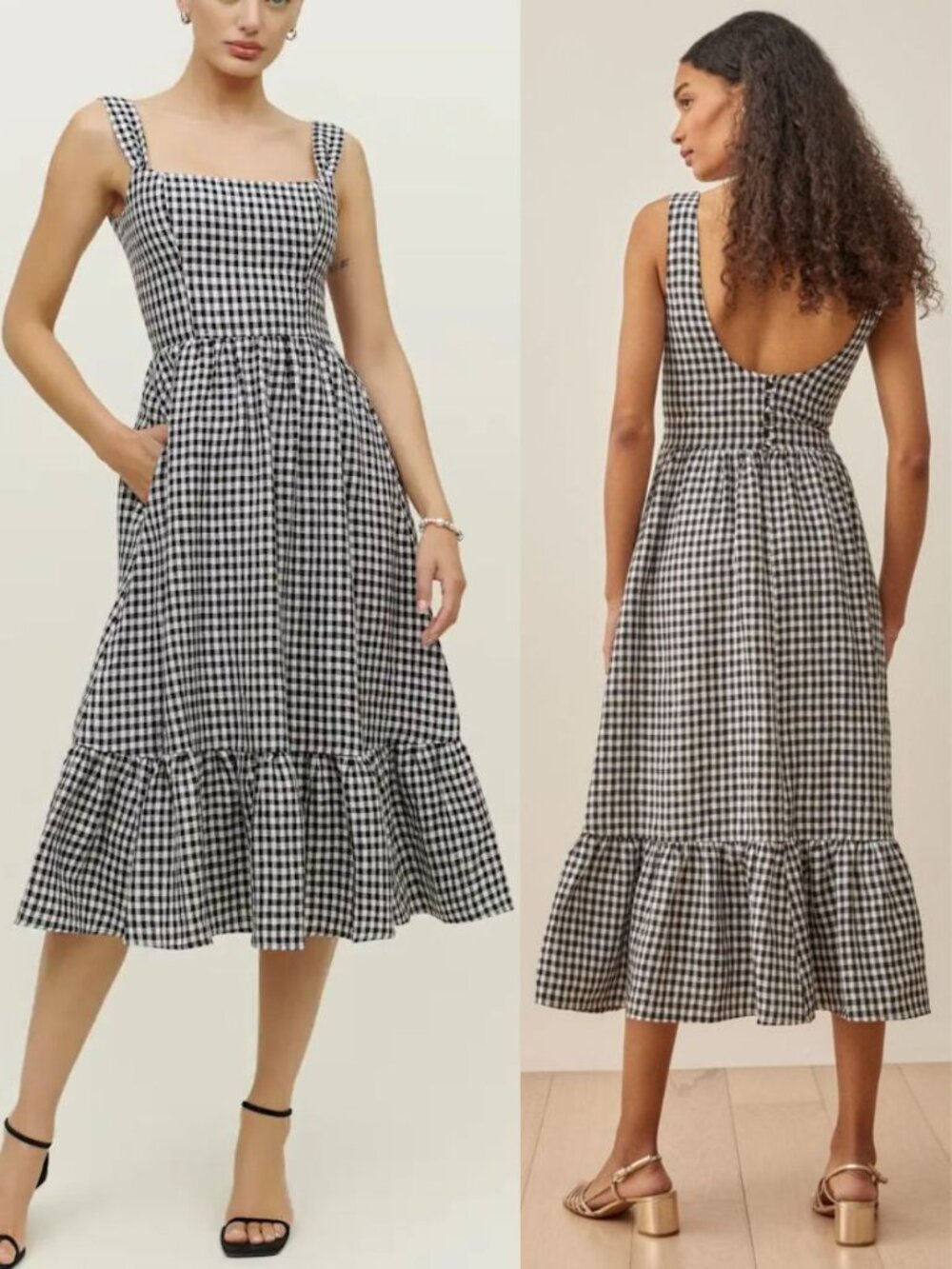 Reformation Bucatini Dress‎ April Check Black White Gingham Linen Size 12 NWT